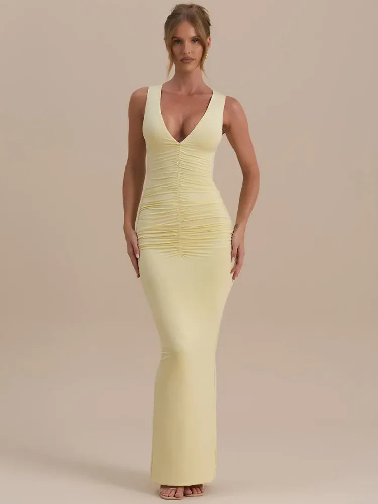 Robe moulante longue sans manches à col en V profond