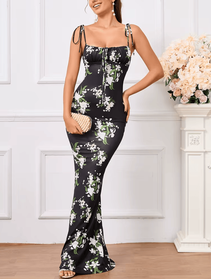Robe noire motif fleuri moulante bretelles fines à nouer