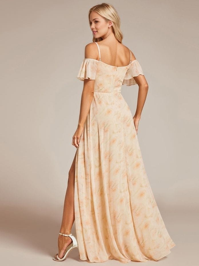 Robe longue été fleurie champagne bohème invitée mariage décolleté épaules dénudées fendue élégante