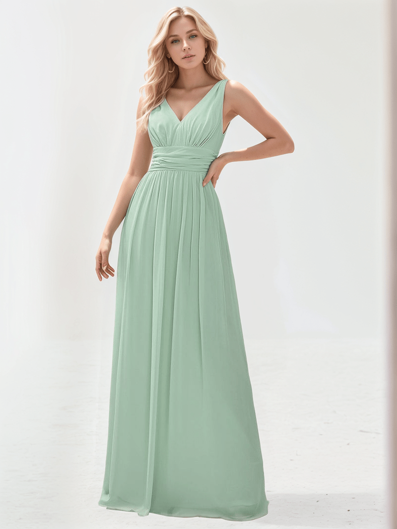 Robe longue verte demoiselle d'honneur chic fluide sans manches décolleté en v idéale mariage été