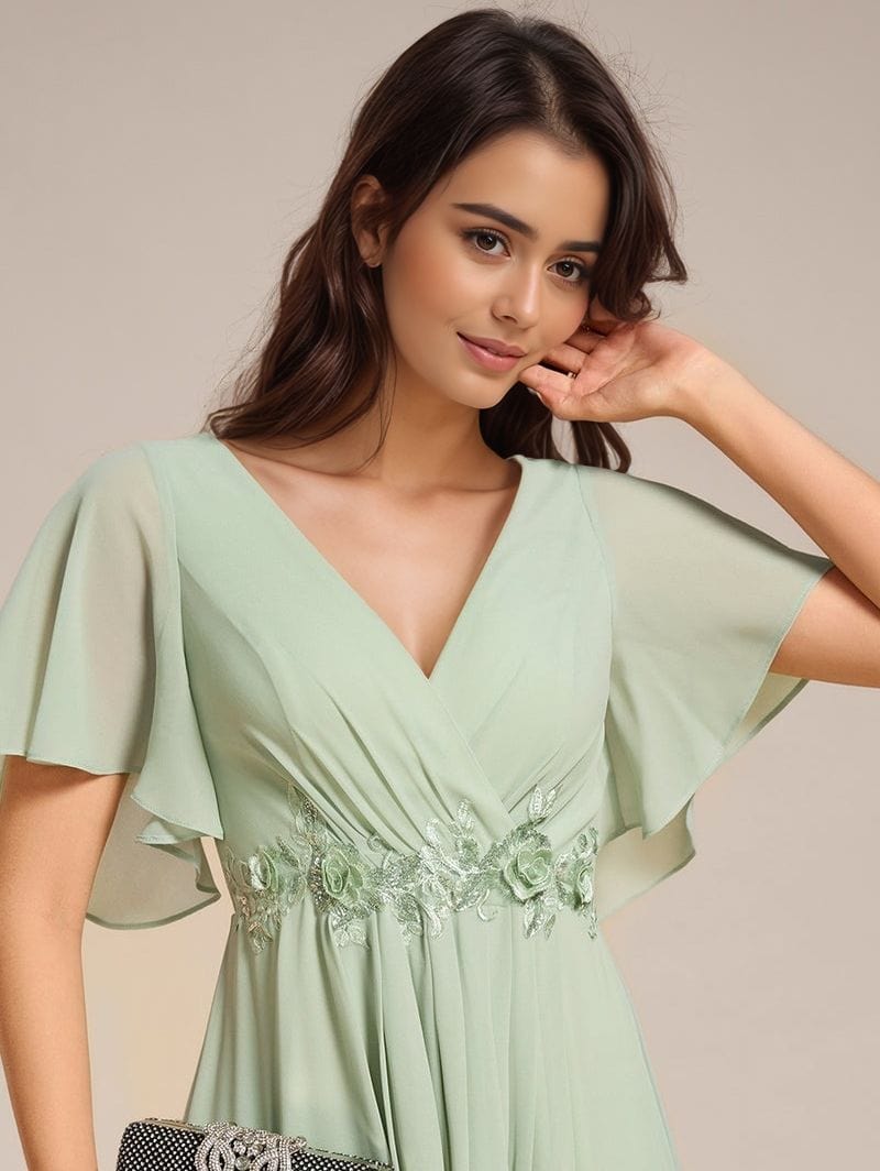 Robe de soirée mariage bohème longue verte manches courtes style fluide ceinture fleurie élégante