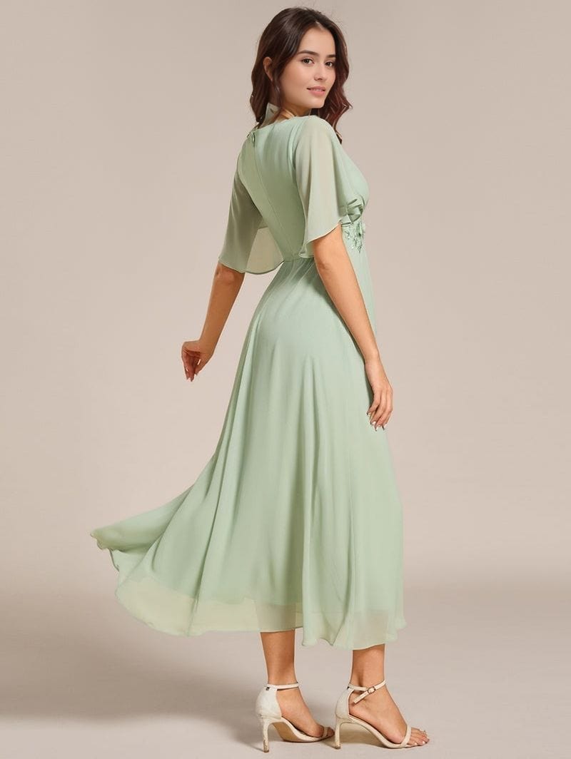 Robe de soirée mariage bohème verte longue fluide femme manches courtes idéale invitée été élégante