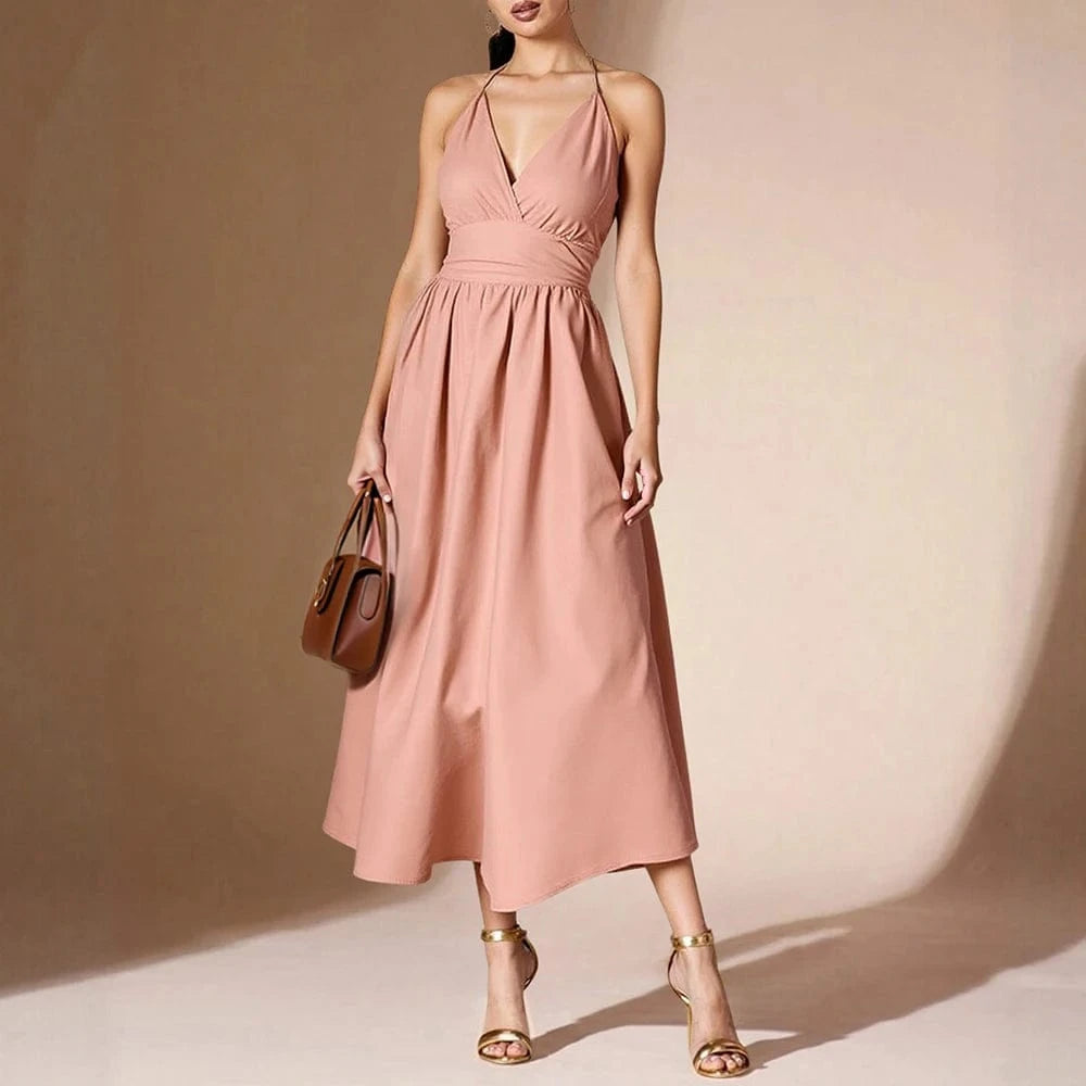 robe rose poudrée midi évasée sans manches pour mariage invité chic ou cocktail printemps été