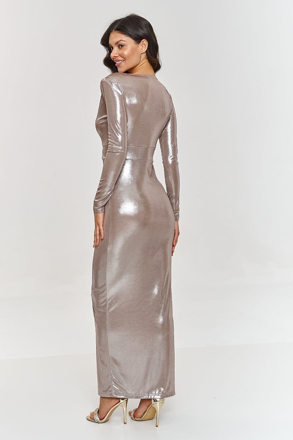 robe de soirée chic longue fendue métallisée pour gala ou mariage, élégante et moderne