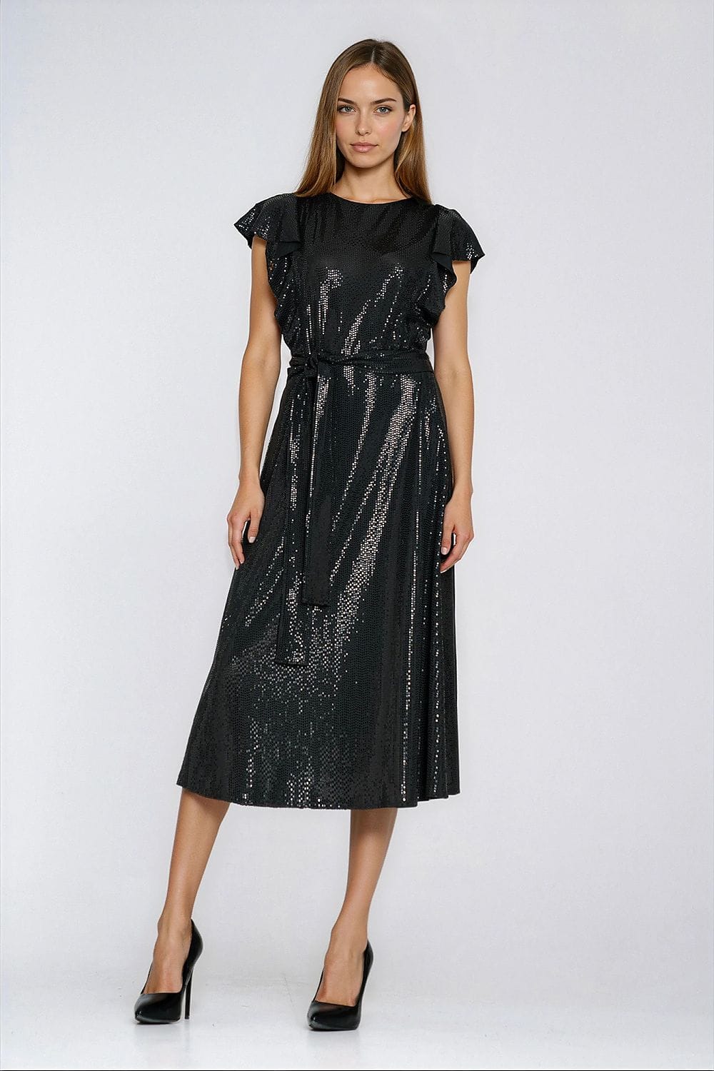 Robe de soirée chic noire midi à sequins, manches courtes, idéale pour cocktail, mariage ou nouvel an élégant