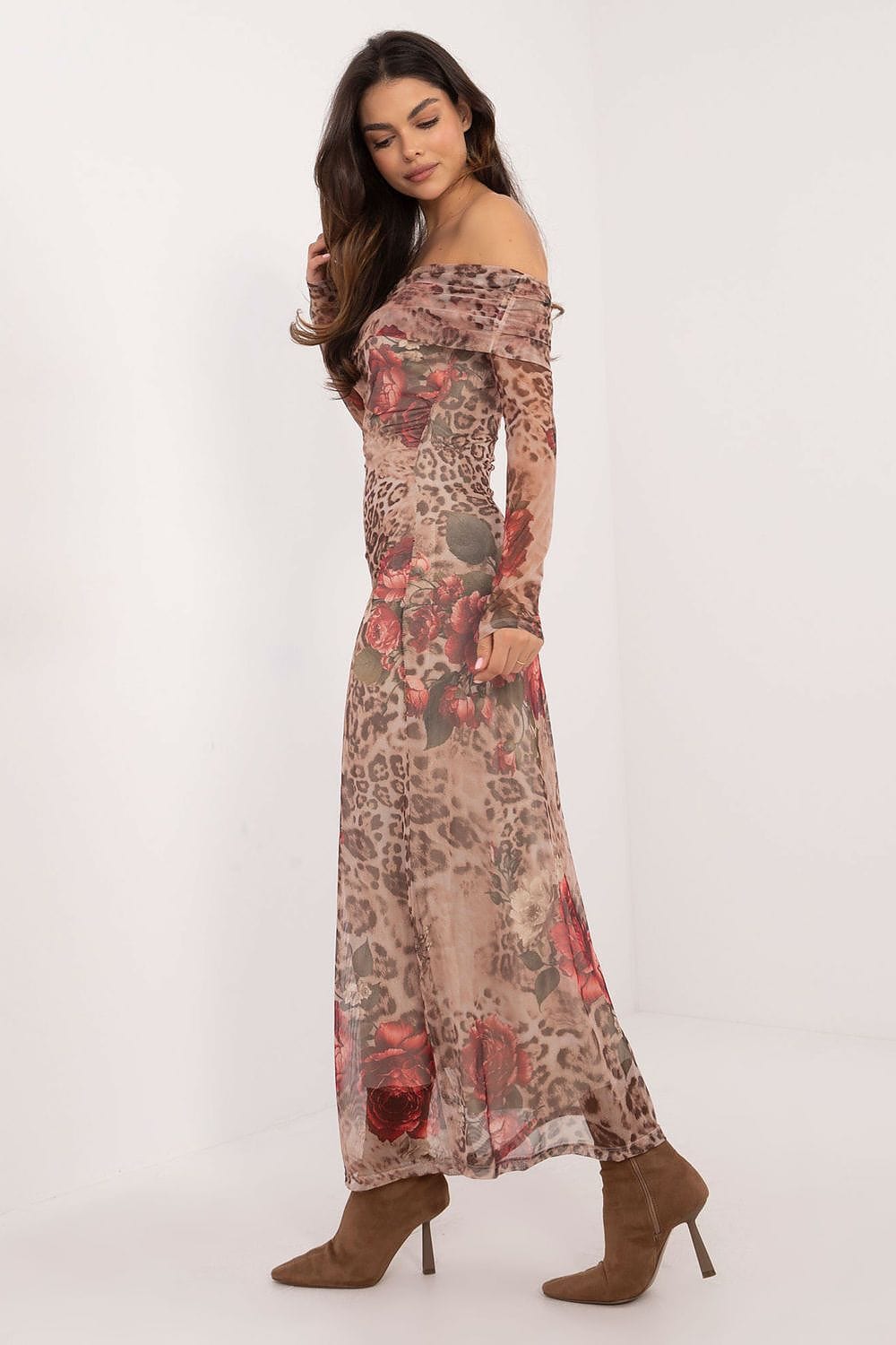 Robe de soirée chic longues manches florale et léopard pour cocktail, longue et moulante.