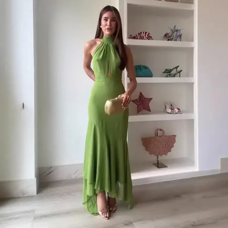 Robe de soirée dos nu verte longue à col licou