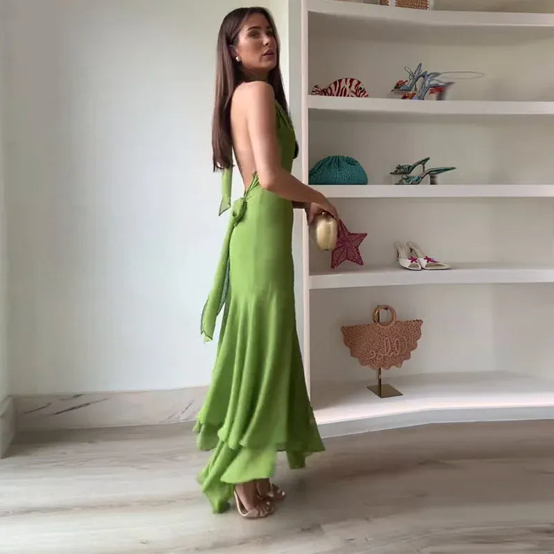 Robe de soirée dos nu verte longue à col licou