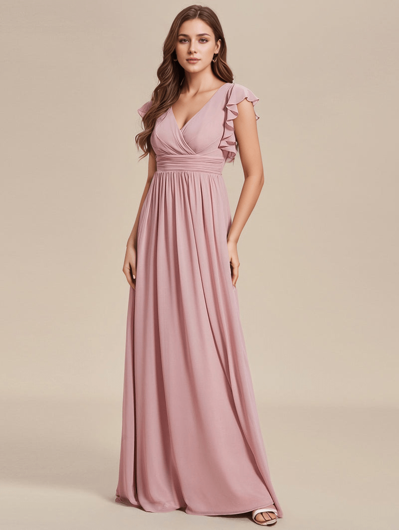 Robe longue demoiselle d’honneur bohème rose manches courtes fluide décolleté v chic mariage invité