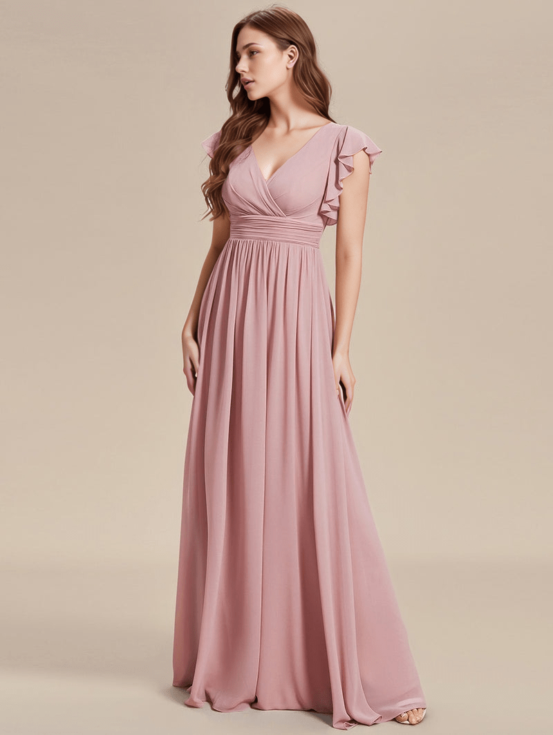 Robe demoiselle d'honneur bohème longue rose poudré fluide manches courtes décolleté élégant pour mariage