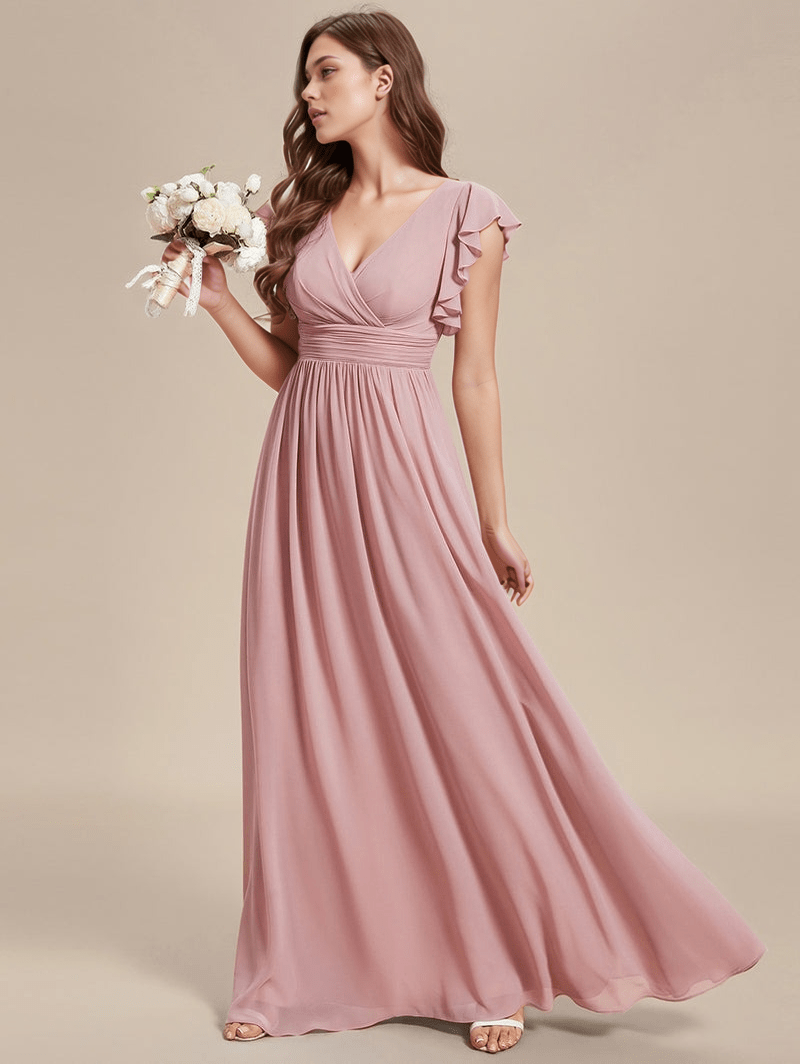 Robe demoiselle d'honneur longue bohème rose poudré à manches courtes fluide élégante avec bouquet fleurs main