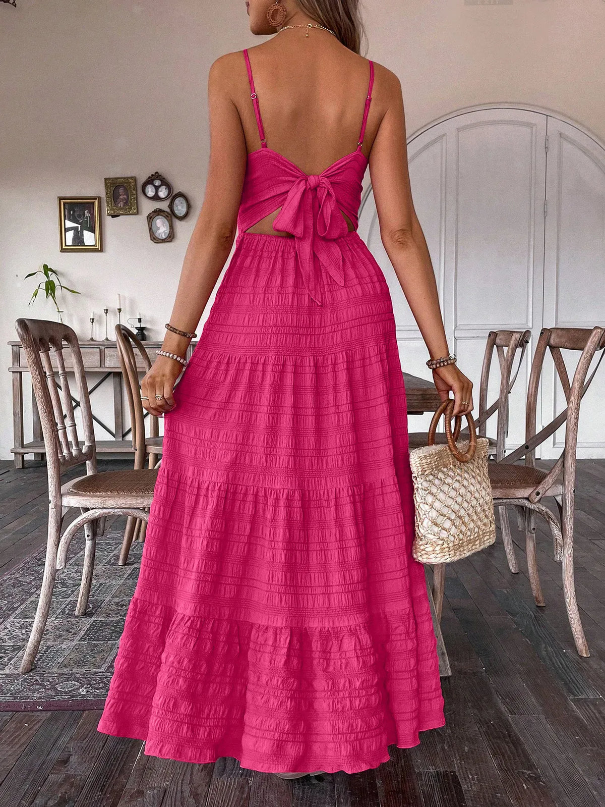 Robe été rose longue noeud romantique au dos