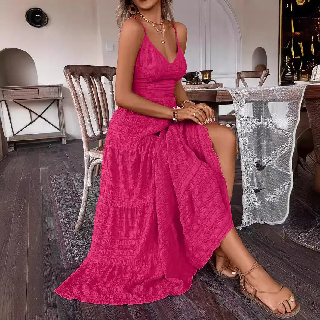 Robe été rose longue noeud romantique au dos