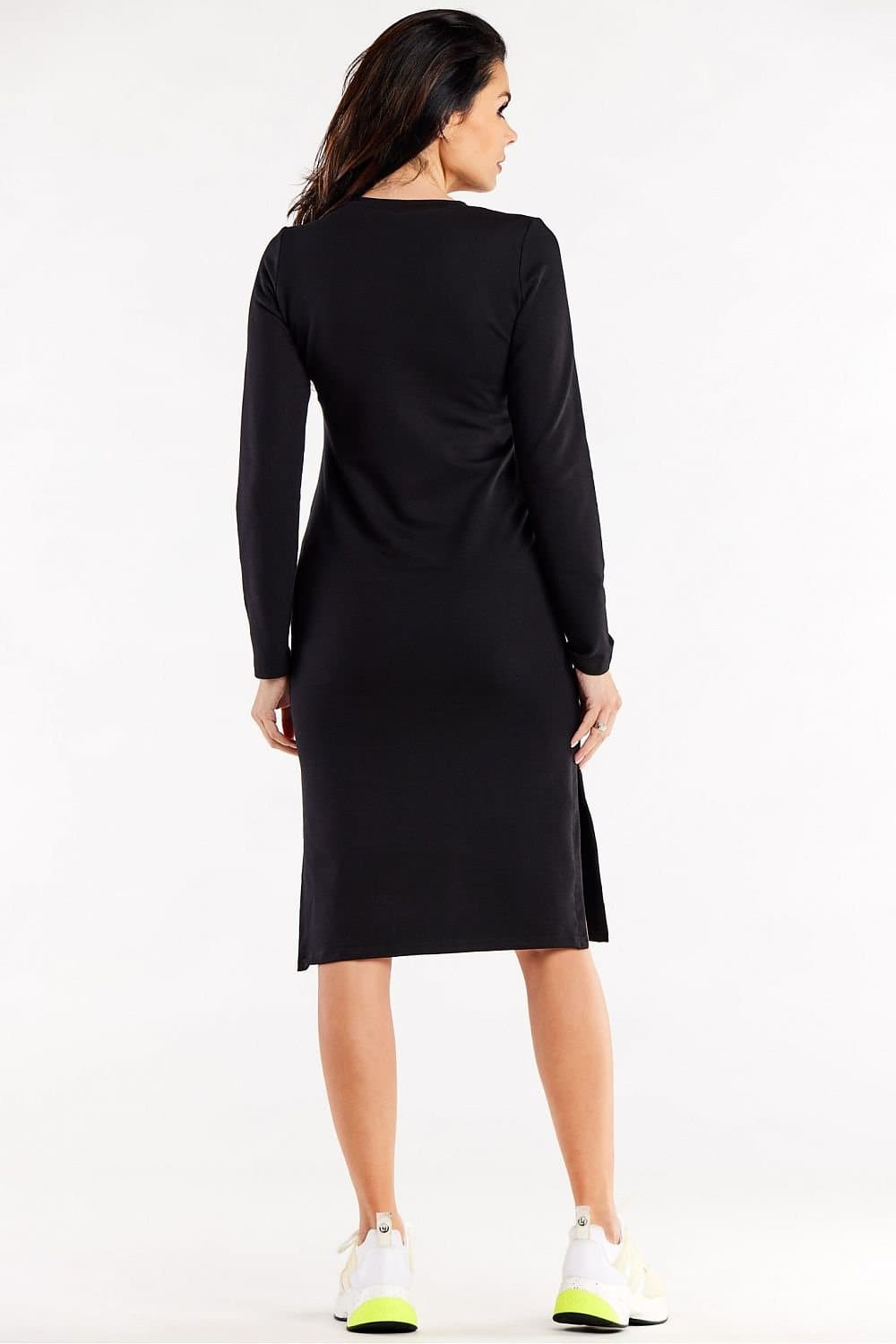 Robe noire midi soirée manche longue moulante chic pour femme, idéale pour cocktail ou événement élégant.