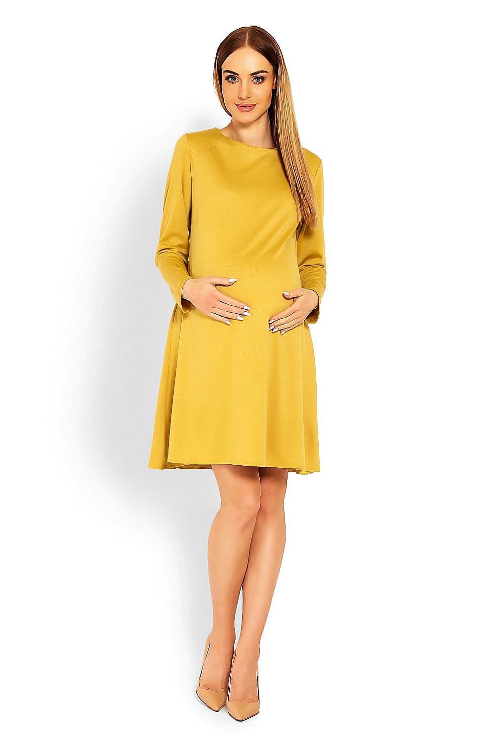 Robe de grossesse habillée jaune courte à manches longues pour femme enceinte, style élégant et confortable.