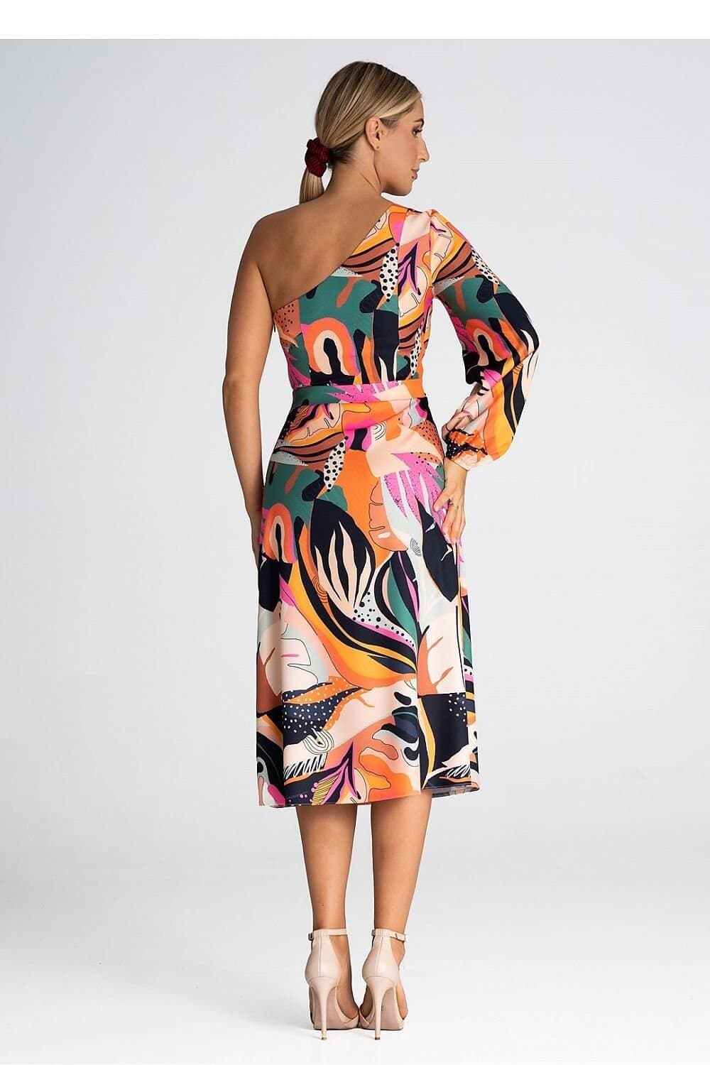 Robe midi épaule dénudée manches longues pour cocktail et soirée, en motif coloré orange, noir et rose.