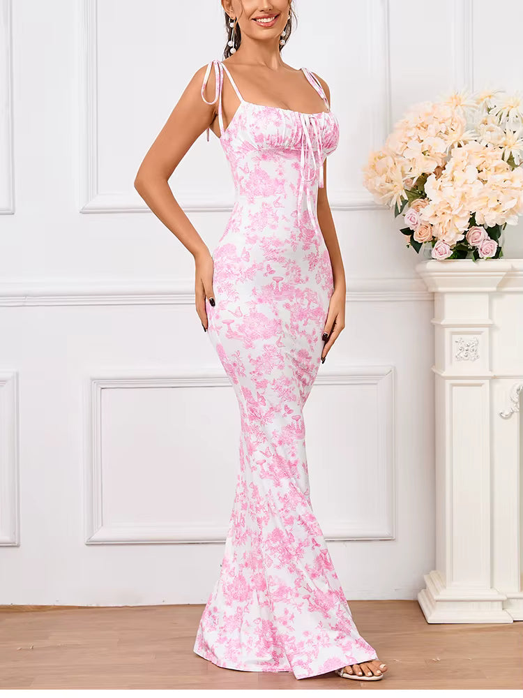 Robe longue moulante rose motif fleuri