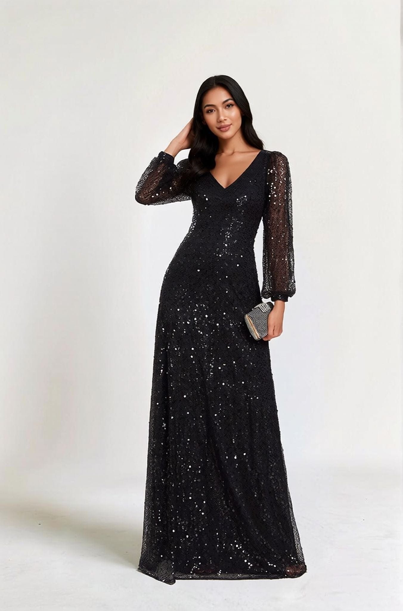 Robe de soirée chic noire longue manches longues sequins trapèze élégante avec pochette, idéale gala mariage