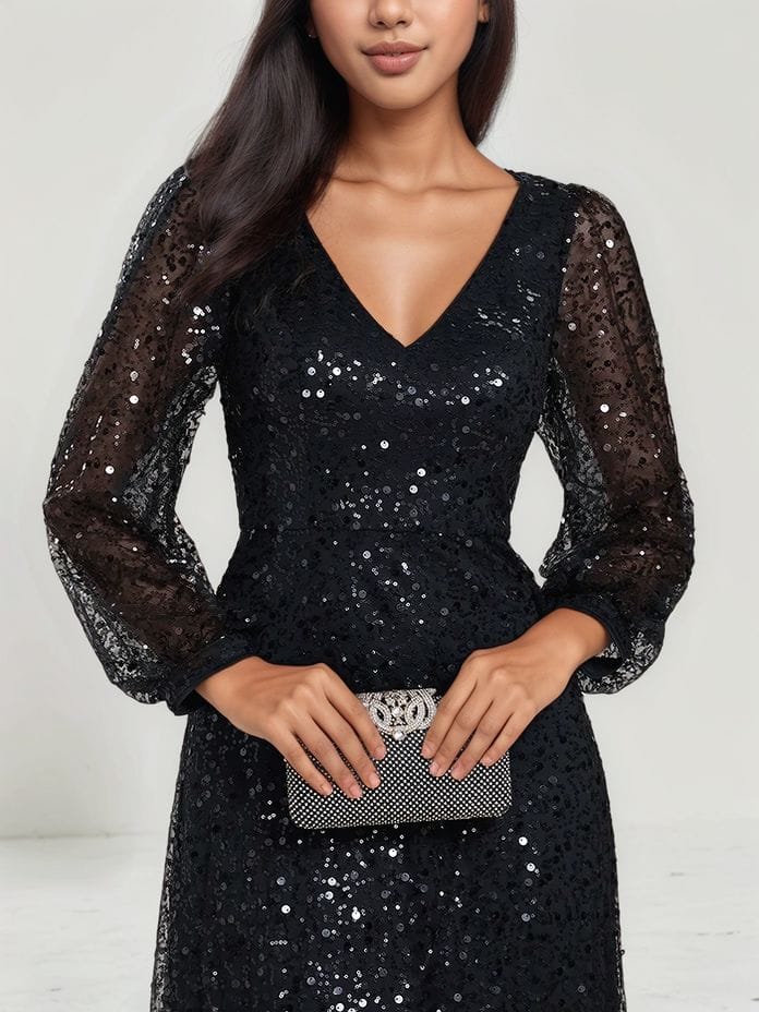 Robe de soirée chic noire longue manches longues décolleté sequins femme accessoire pochette élégante