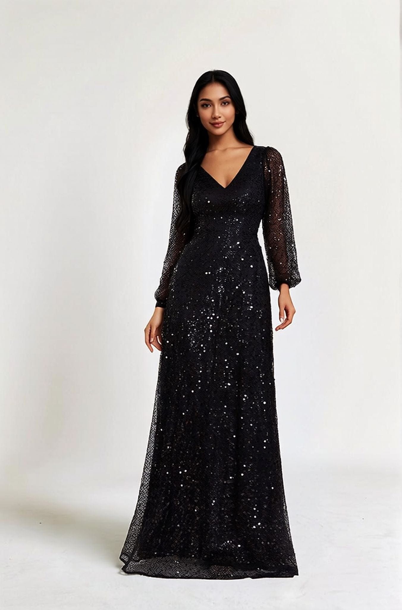 Robe de soirée chic longue noire à sequins manches longues décolleté élégant idéale pour mariage ou gala