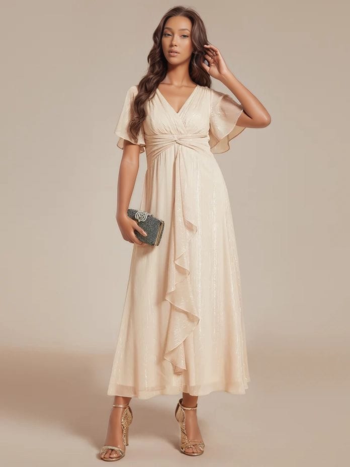 Robe beige midi pour invitée au mariage