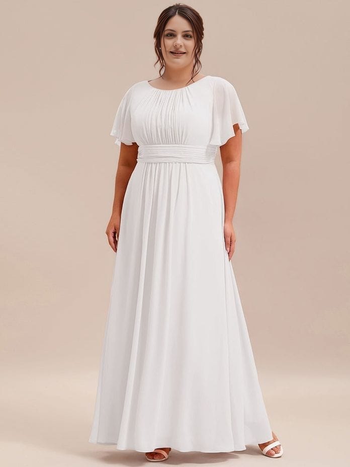 Robe mariage grande taille blanche longue trapèze manches courtes élégante pour cérémonie ou demoiselle d'honneur