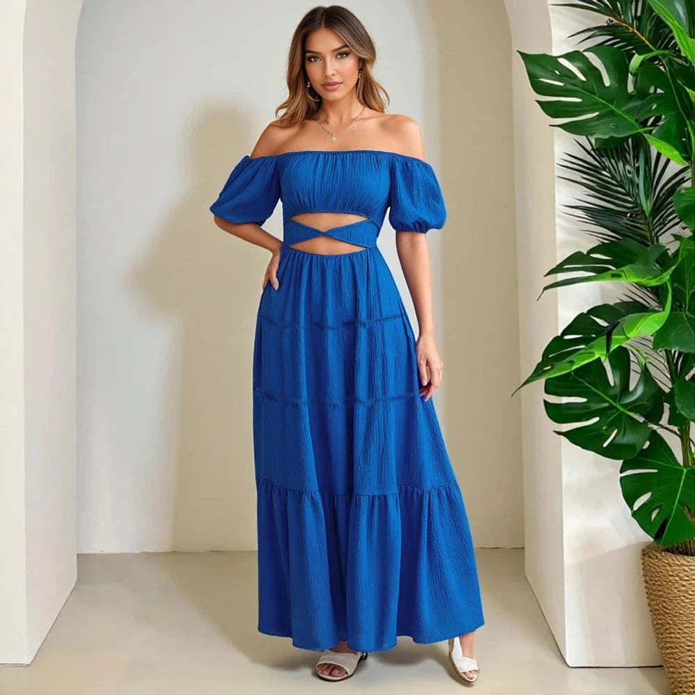 Robe été bohème longue bleue épaules dénudées fluide femme manches courtes élégante pour mariage invité