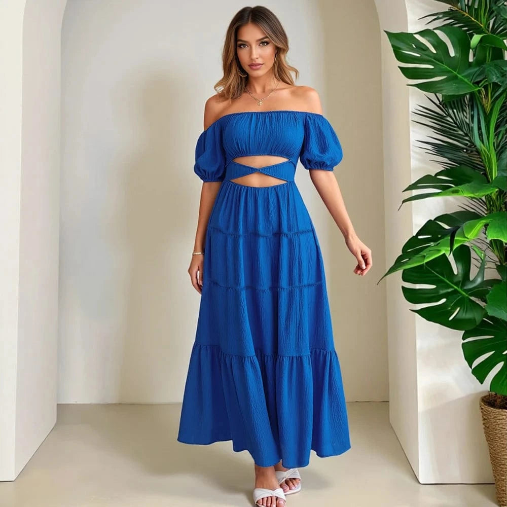 Robe longue été bleue bohème à épaules dénudées et manches courtes, idéale pour une soirée élégante
