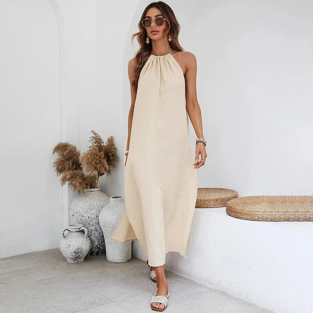 Robe longue été bohème beige sans manches fluide chic pour femme invitée mariage ou sortie plage