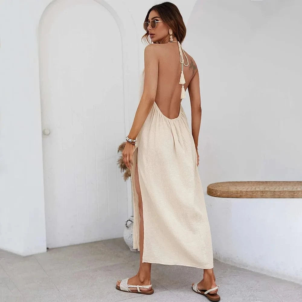 Robe été dos nu longue beige fluide femme plage fendue sans manches tendance casual décontractée