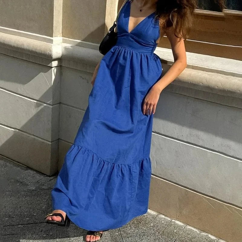 Robe été longue bleue fluide femme élégante col v sans manches silhouette trapèze décontractée chic