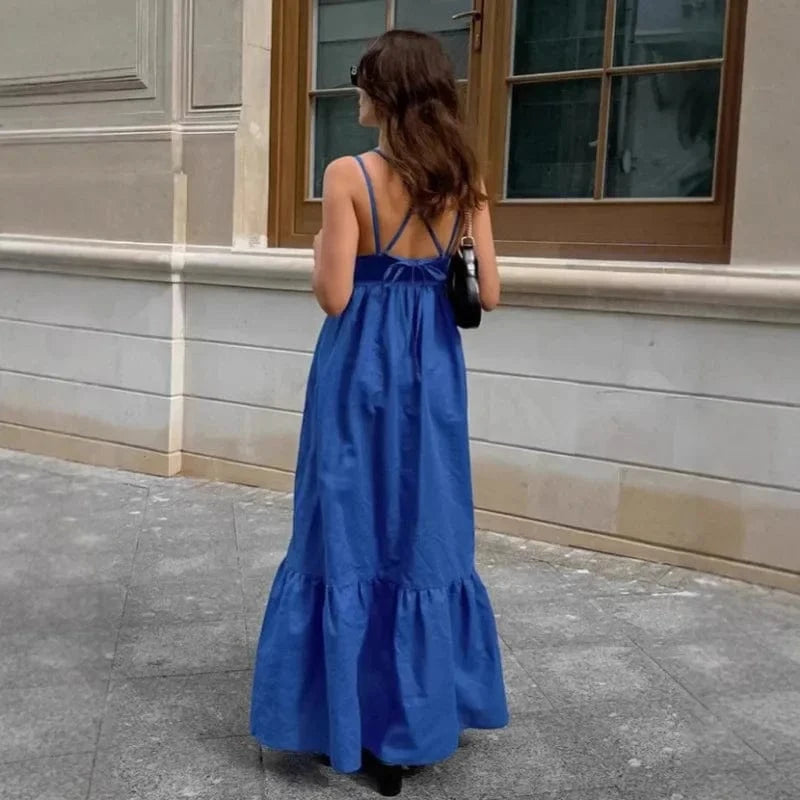 Robe été longue bleu dos nu fluide femme chic idéale pour mariage invité ou soirée élégante