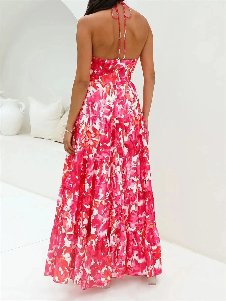 Robe longue dos nu fleurie rouge et rose été bohème pour mariage invitée chic, sans manches fluide