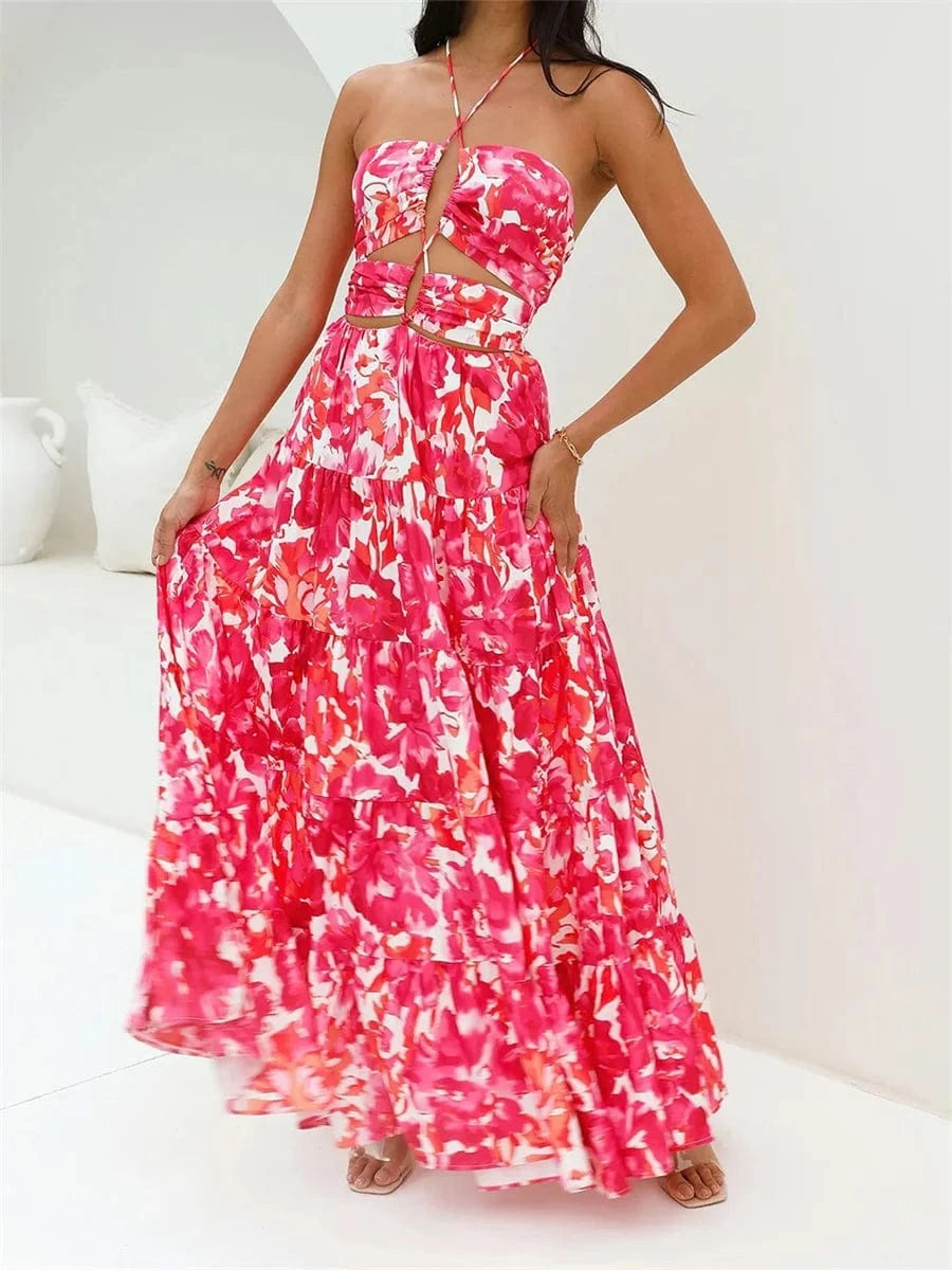 Robe longue été bohème fleurie rose sans manches dos nu décolleté fluide idéale pour mariage plage