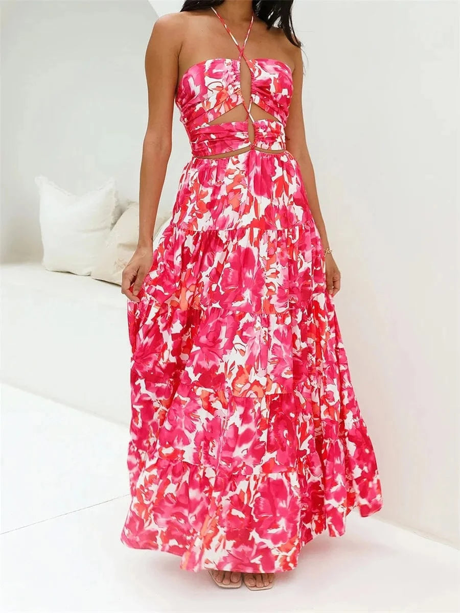 Robe longue fendue été fleurie rose rouge bohème dos nu sans manches parfaite pour soirée ou plage