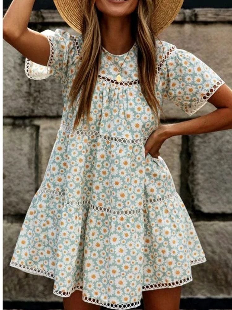 Robe été fleurie courte manches courtes bohème trapèze blanche et jaune chic femme tendance casual