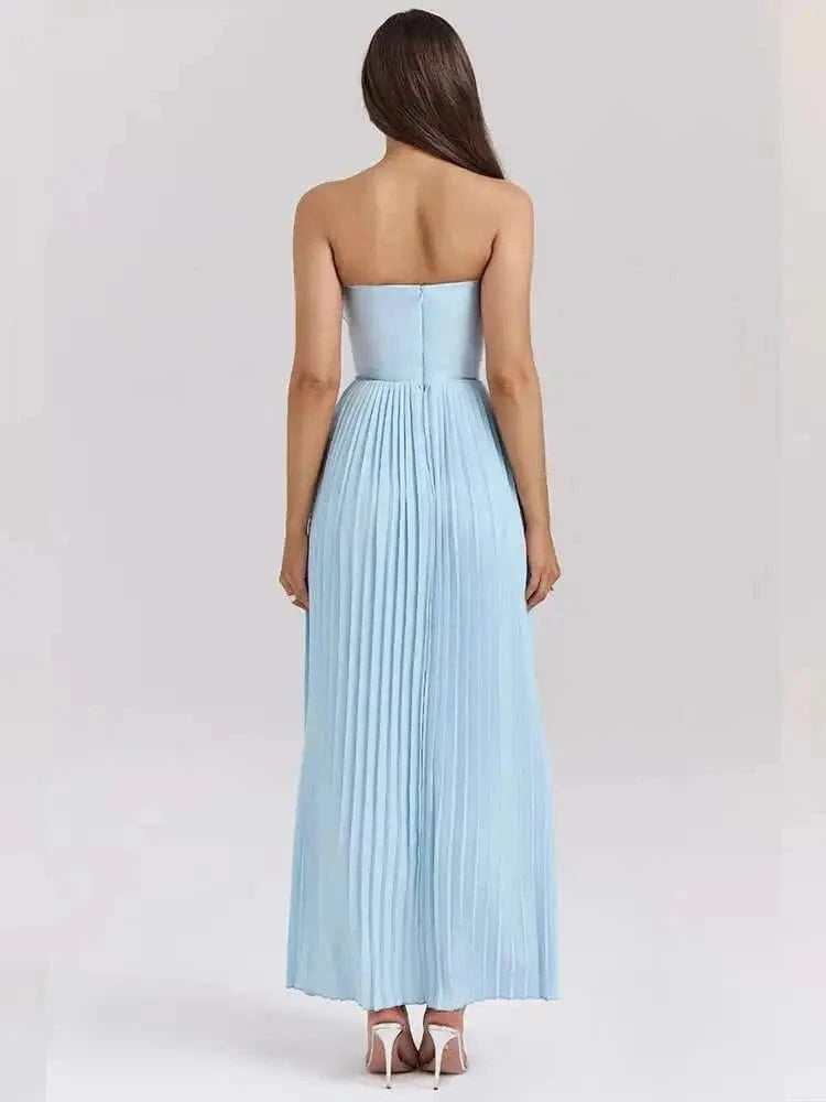 Robe longue bustier plissée bleu soirée chic élégante pour mariage invité ou cocktail été femme