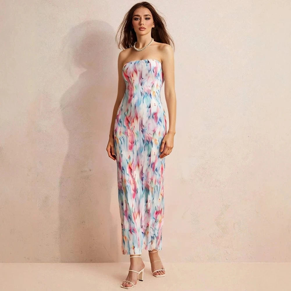 robe bustier longue multicolore élégante pour soirée chic ou mariage estivale en plein air