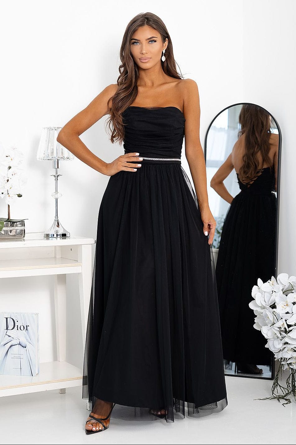 Robe longue noire soirée chic bustier fluide femme élégante pour gala ou mariage invité, style habillé