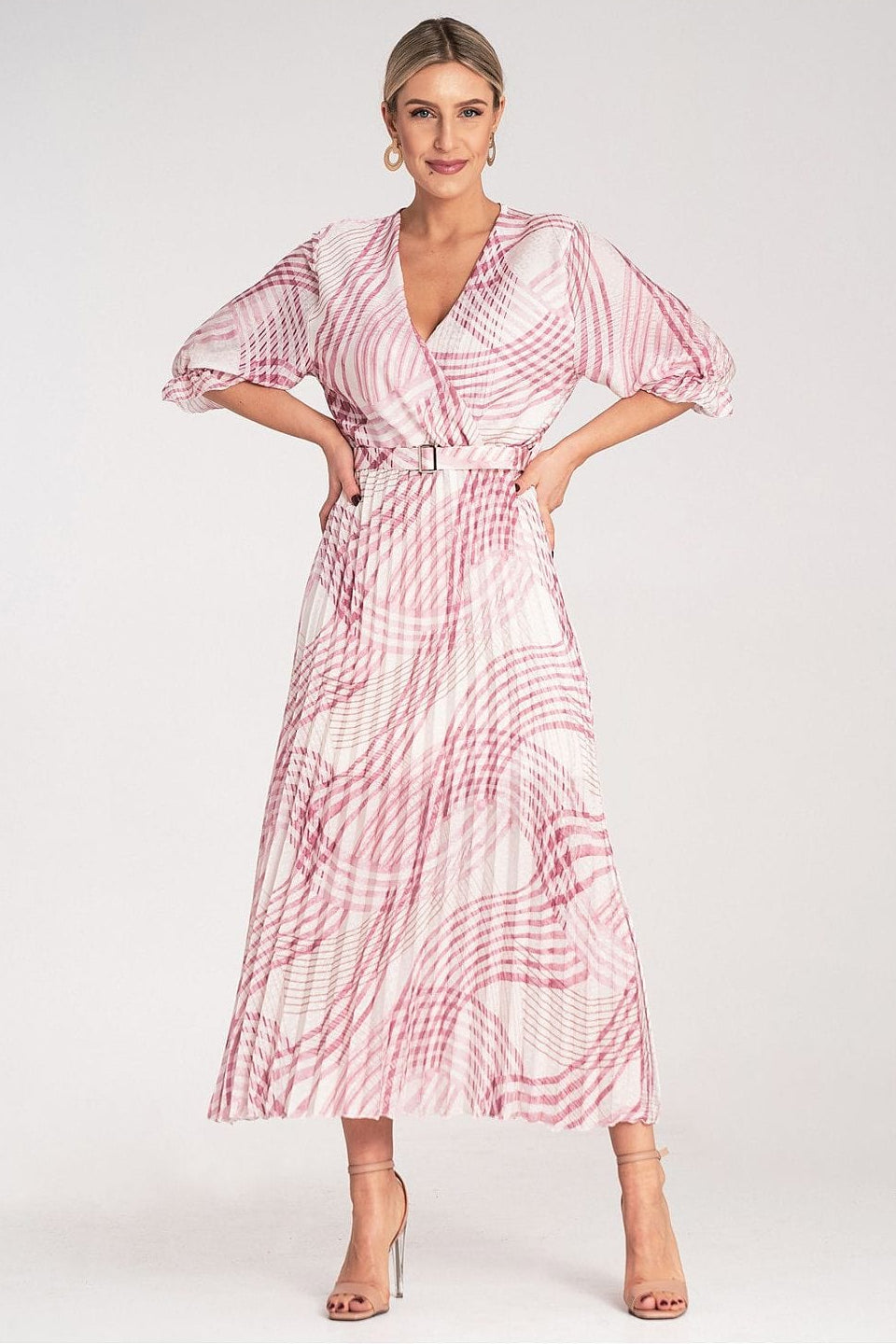 Robe été fluide midi manches trois quarts ceinturée imprimée rose et blanche style chic casual femme