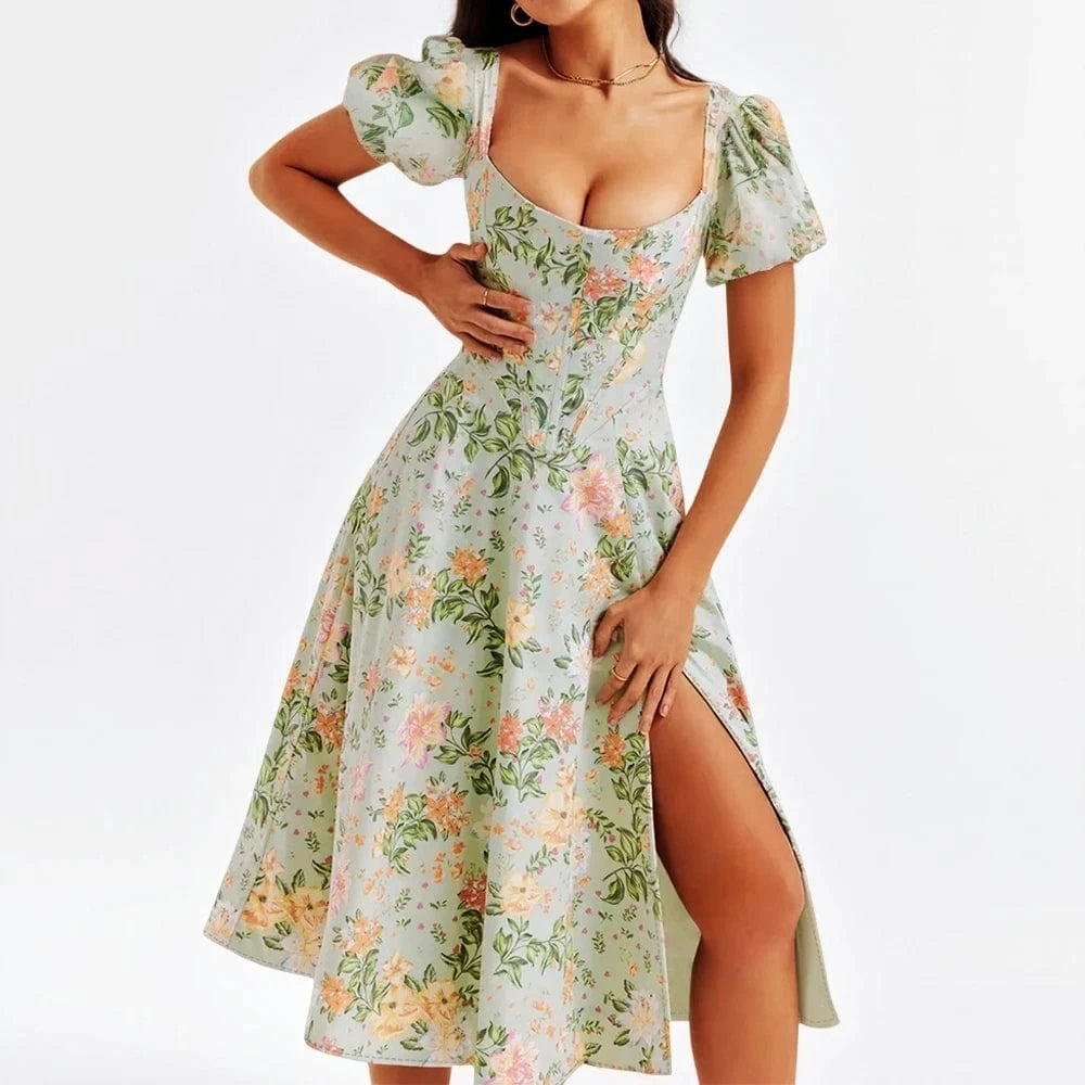 Robe fleurie été bohème verte manches courtes fendue imprimé floral longueur midi décolleté élégant