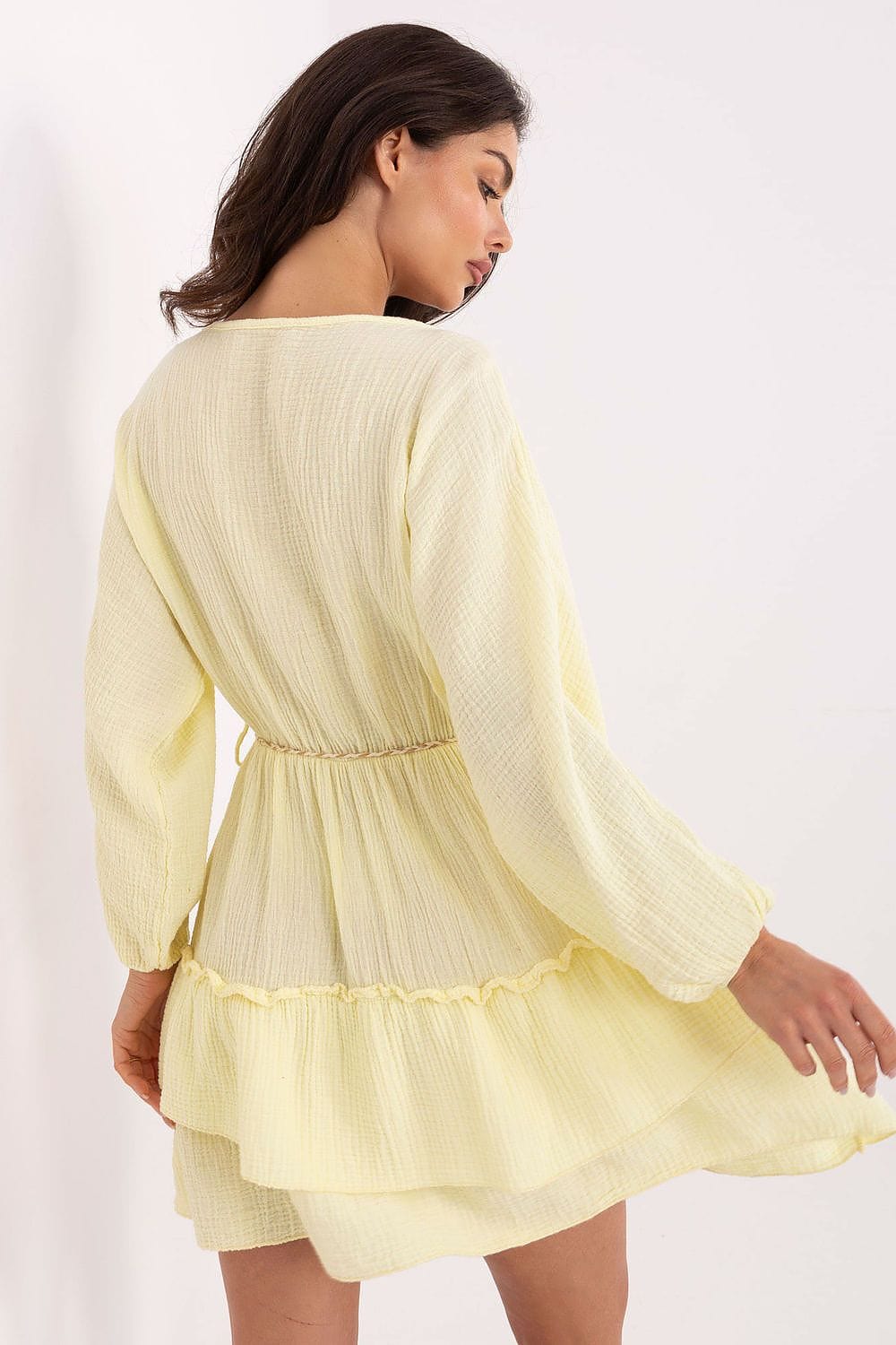 Robe courte évasée gaze de coton jaune manches longues style bohème idéale pour été ou plage