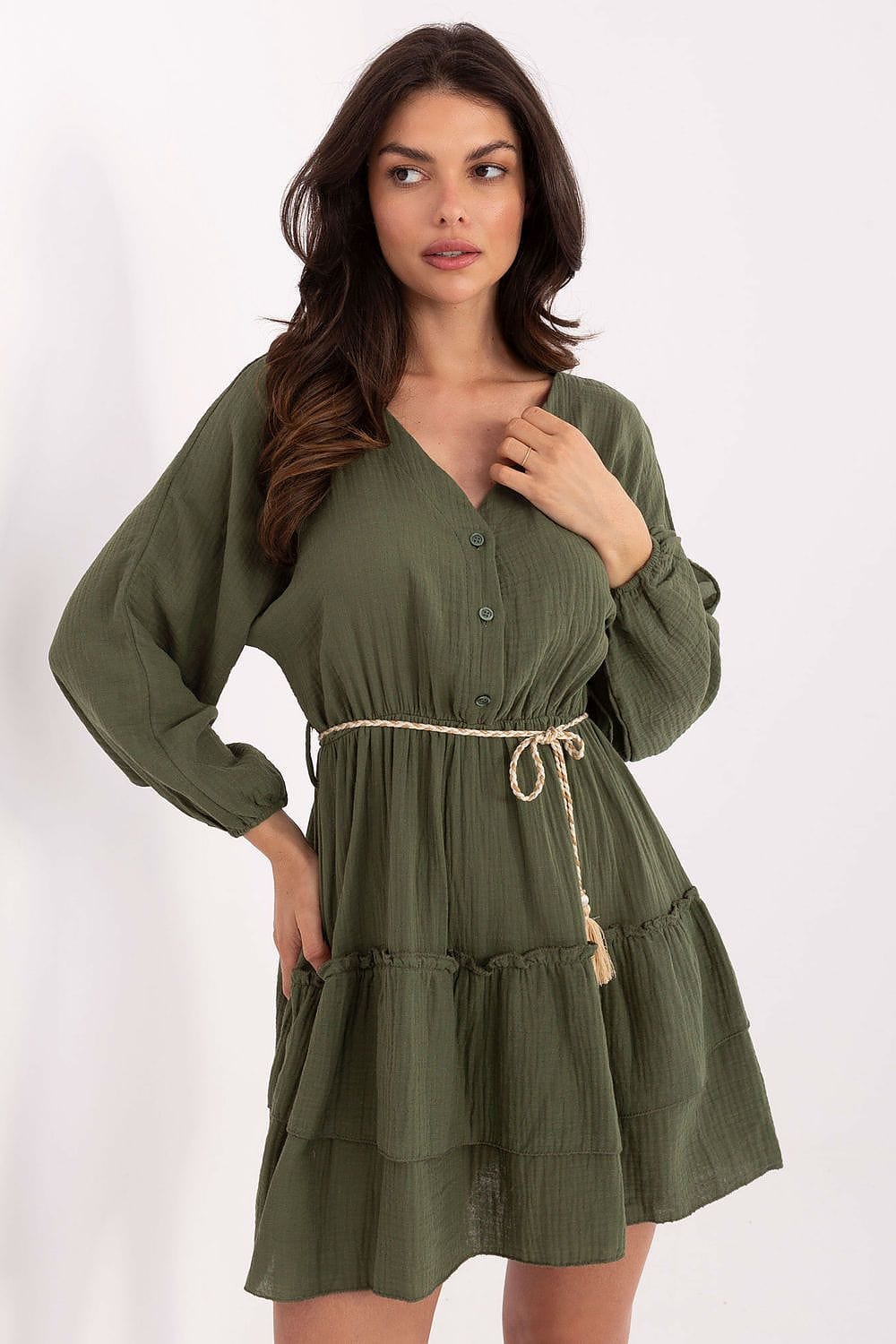 Robe bohème courte verte manches longues en gaze de coton, style décontracté fluide pour été ou plage