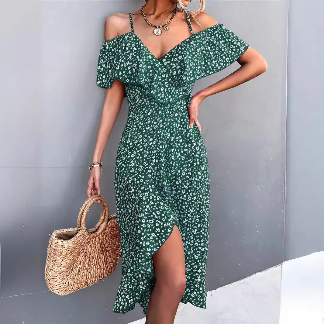 Robe d'été à bretelles et imprimé floral à volants