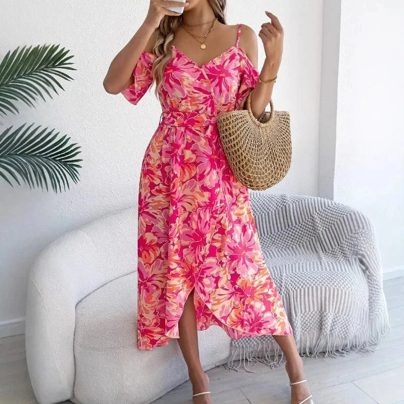 robe d’été fleurie midi bohème manches courtes trapèze pour une occasion décontractée estivale