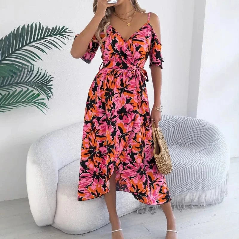 robe d’été fleurie midi évasée sans manches pour look bohème chic champêtre invité mariage