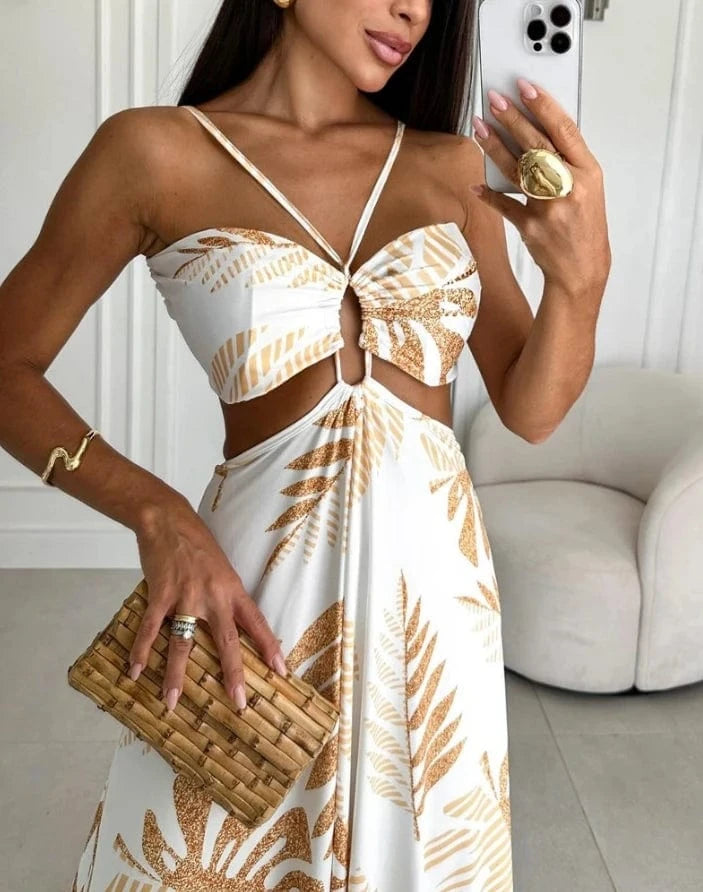 robe été dos nu longue fluide à imprimé tropical vert et bleu pour plage ou vacances d'été