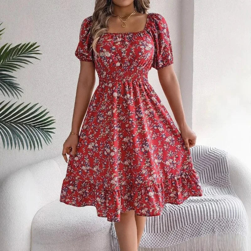 robe d’été fleurie col carré manches courtes longue fluide femme bohème champêtre invitée mariage
