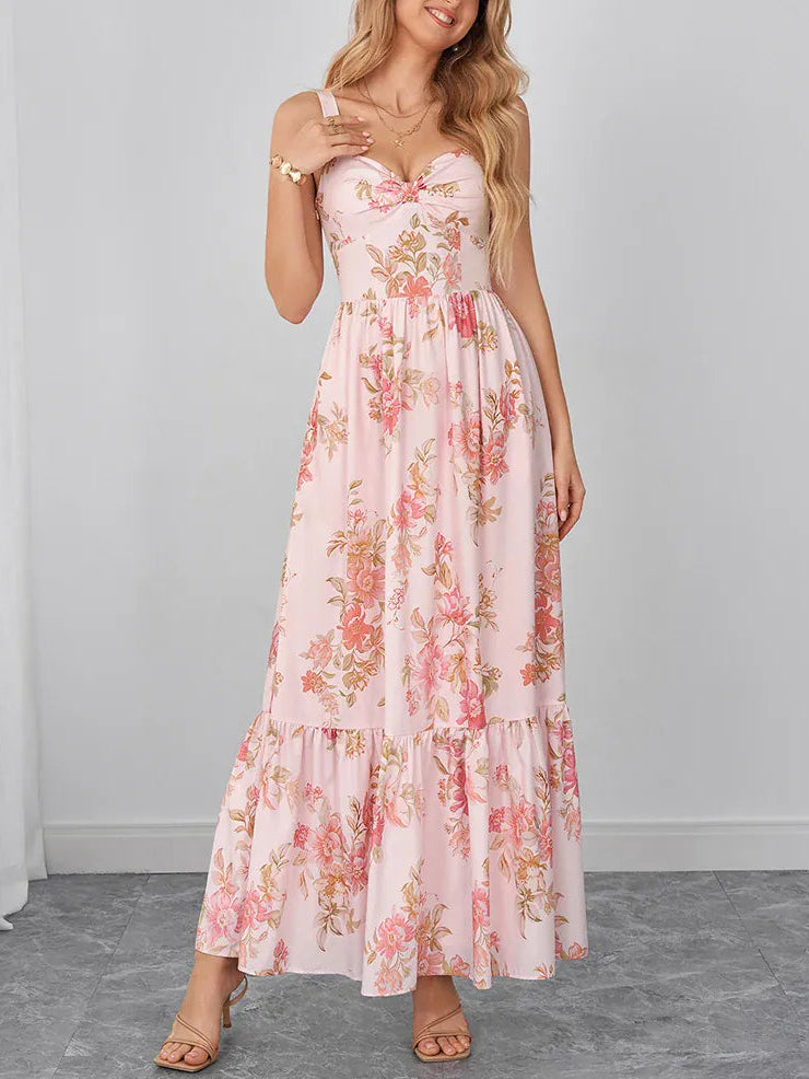 Robe d'été longue bohème rose à motifs floraux