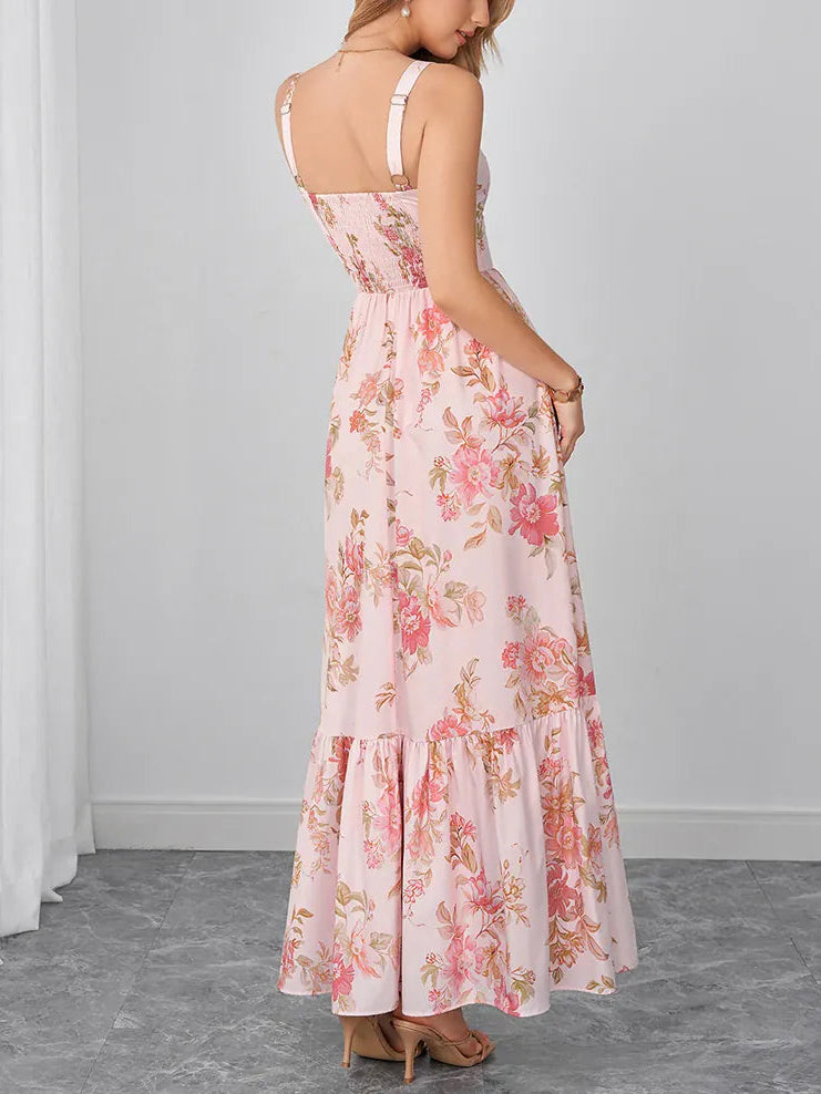 Robe d'été longue bohème rose à motifs floraux
